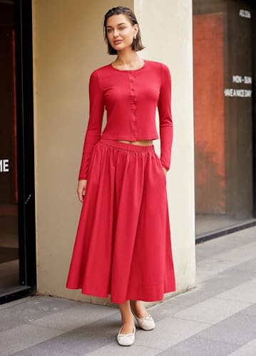 Image of Panadila Womens 2 Piece Lounge Sets Matching Vacation Outfits Ribbed Button Down Cardigan and Elastic Waist Skirt Sets
