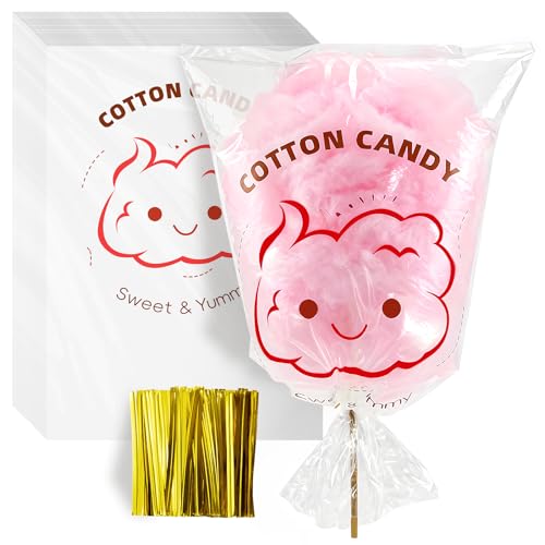Jibrelxion 150 Pack Cotton Candy Bags with Ties 19.1 x 11.3 Clear Candy Supplies with Print Gift Wrapping Supplies for Carnivals Parties Sticks and Cones