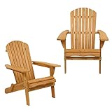 Bonnlo Wood Adirondack Chair Ergonomic Design (2pk), Folding Outdoor Patio Lounger Armchair Furniture w/Natural Finish, for Beach, Poolside, Balcony (Set of 2)
