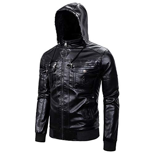 Men's Warm Motorcycle Pu Leather Jacket Winter Fleece Lined Faux Leather Jacket Classic Fur Lined Faux Sheepskin Leather Coat with Removable Hood, Black, S(Fits Like USA XS)