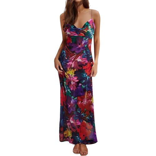 Image of Women's Spaghetti Strap Maxi Dress Floral Print Bodycon Long Dress Summer Beach Vacation Wedding Guest Outfits