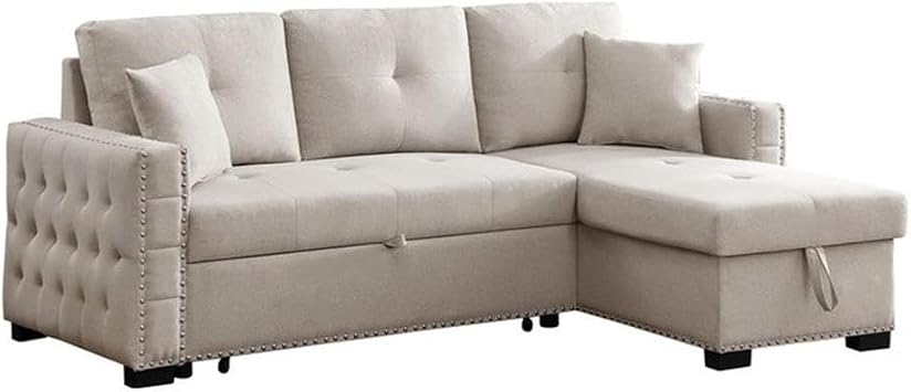 Devion Furniture 83" Modern L Shape Polyester Linen Blend Fabric Sleeper Sofa Bed & Storage Chair Square Arm Wide Reversible for Living Room, Beige Finish