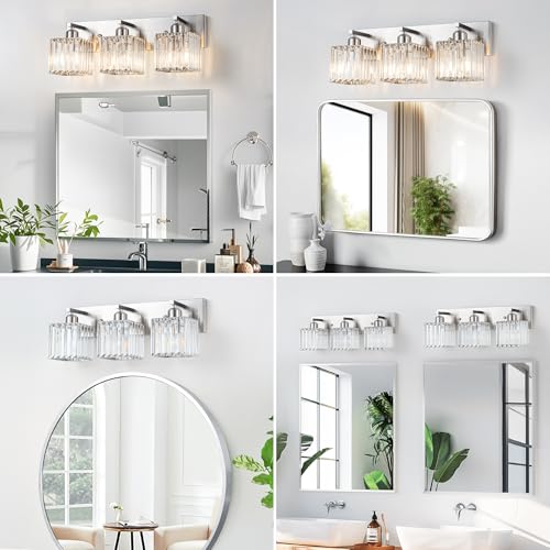 Image of Modern Bathroom Vanity Light 3-Lights, Modern Chrome Crystal Light Fixtures Over Mirror, Chrome Bathroom Vanity Lighting Crystal Wall Sconce