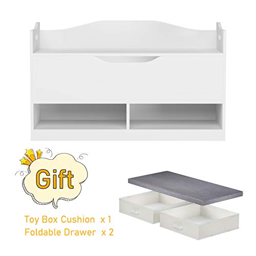 Timy Wooden Toy Box With Bench Seat, Toy Storage Chest With 2 Reversible Baskets And Safety Hinge For Kids, White #TOP2