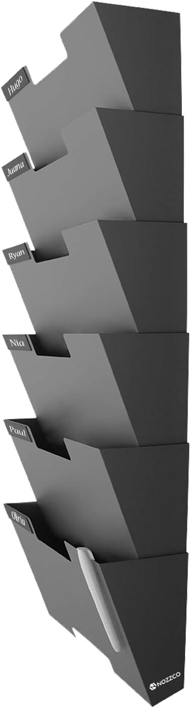 Gray Wall Mount Hanging File Holder Organizer 6 Pack | Durable Steel Rack, Solid, Sturdy & Wide | for Letters, Files, Magazines & More | Organize The Desktop, Declutter Your Office - Nozzco