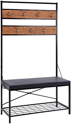FIVEGIVEN Entryway Hall Tree with Shoe Storage Bench and Coat Rack Rustic Industrial with 7 Hooks and Cushion Seat