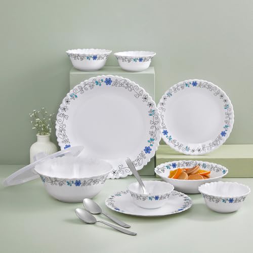 Image of Larah by Borosil 41pc Opalware Silk Series Dinner Set with Steel Spono | for Family of 6 | Microwave & Dishwasher Safe | Bone-Ash Free | Crockery Set for Dining & Gifting | Plates & Bowls (Blue IRIS)
