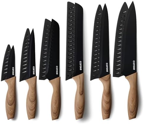 CAROTE 12-Piece Knife Set, Knives with Wood-Grain Finish Handles, Black | 6 Blade Guards, Stainless Steel Blade, Ceramic Nonstick Coating, Long-Lasting Sharpness, Rust-Resistant, Kitchen, Camping, RV