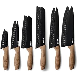 CAROTE 12PCS Knife Set, Stainless Steel Kitchen Knife Set with Nonstick Ceramic Coating, 6 Knives with Blade Guards, Rustproof, Easy-Clean, Black