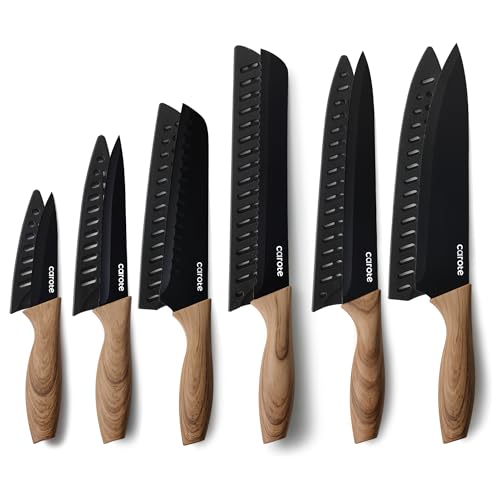 CAROTE 12-Piece Knife Set, Knives with Wood-Grain Finish Handles, Black