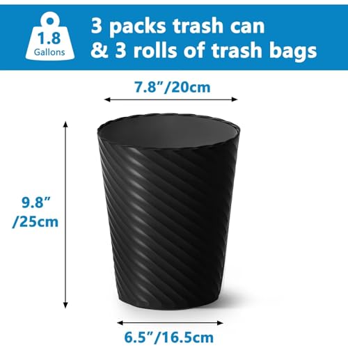 Image of Lysam Bathroom Trash Can, 3 Pack 1.8 Gallons Small Trash Can with Trash Bags, Bathroom Garbage Can, Plastic Trash Bin, Round Waste Basket for Bedroom, Office, Kitchen, Room, Compact Space (Black)