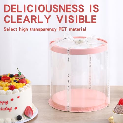 JCD Pink Multi-Layer 10 * 10 Inch Round Clear Cake Boxs with Ribbon,6 Pack Tall Transparent Packaging Cake Containers PET Cake Carrier Box for Birthday (Pink, Round 10inch/6pcs) by JCD - Used condition - Image 4