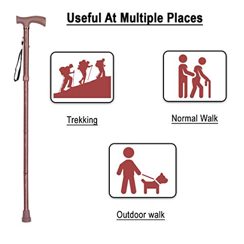 Image of Dr Care 4 Folding Walking Stick for Old Age | Aluminum | Adjustable Height 85-95 cm | Lightweight | Anti Slip | Ergonomic Handle | Rubber Tip | Wrist Strap (Brown)