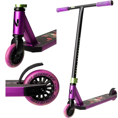 Patinete acrobático NKD – Next Generation | Rodamientos ABEC-9 de Alto Rendimiento | Manillar Giratorio de 360° para Freestyle | Aleación de Aluminio 6061 Duradera (Negro Morado)