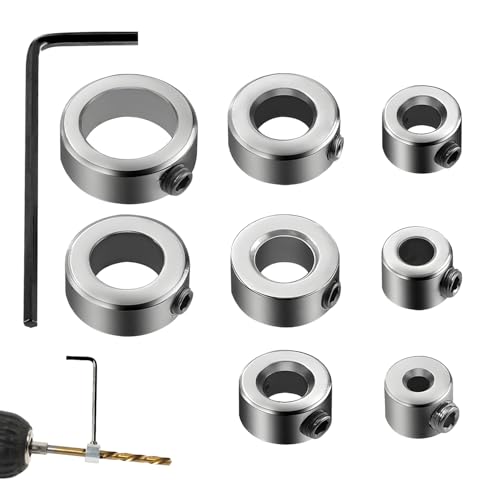 Lot de 8 butées de profondeur pour perceuses, 3/4/5/6/8/10/12/16 mm en acier inoxydable - Limiteur de profondeur de perçage - Anneau de réglage avec clé...