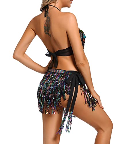Lauthen.s Women Sequin Skirt Tassels Belly Dance Hip Scarf Sparkly Rave Fringe Wrap Skirt (Black/Rainbow Sequins) #TOP3