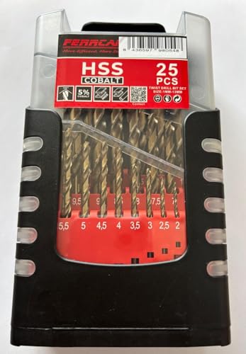 Ferrcan Lot de 25 forets à métaux 1-13 mm HSS DIN 338 M35 cobalt à usage professionnel