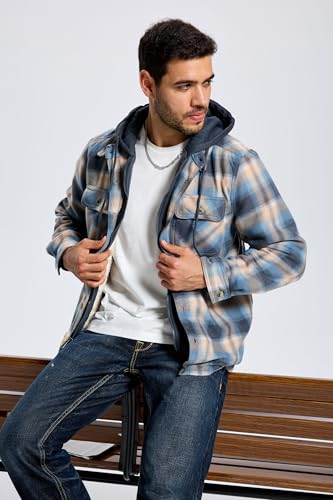 Image of TanBridge Men's Cotton Plaid Shirts Jacket Full Zip Fleece Flannel Sherpa Lined Hoodies Heavyweight Hoodies Jacket for Men