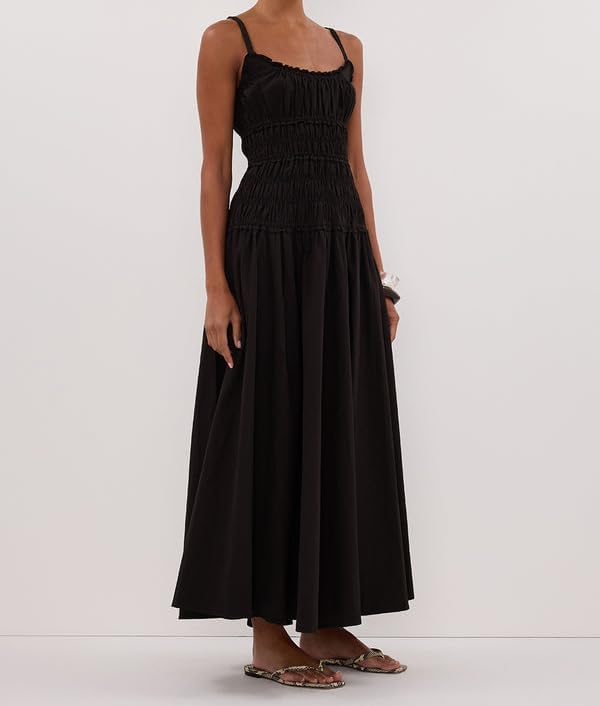 Womens Summer Spaghetti Strap Maxi Dress Scoop Neck Ruched Flowy Long Dresses Casual Sleeveless Cotton Sundress - Image 3