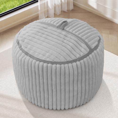 Image of 2FT Bean Bag Chair 2'Bean Bag Chairs with Memory Foam Filled Small Bean Bag | Bean bags with Machine Washable Cover Corded Plush Fabric, Comfy Chairs for Living Room, Bedroom, Dorm, Lightgrey