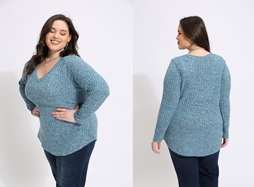 Image of RITERA Plus Size Sweater, Ribbed Long Sleeve Solid Top for Women | Soft vertical ribbed knit, modest V neck, loose long sleeves, curved swing hem, slimming casual layering top for curvy women