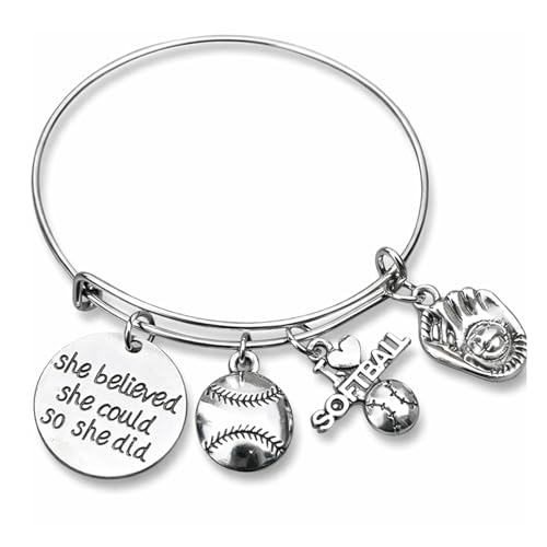 SportyBella Softball Bracelet - She Believed She Could So She Did Adjustable Bangle, Softball Jewelry, Birthday, Graduation Gifts for Teams, and Accessories
