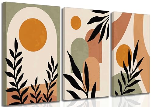 3 Pcs Mid Century Modern Boho Sun Canvas Wall Art Neutral Abstract...