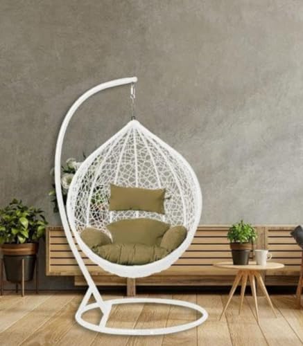 Image of Single Seater Swing Chair with Stand and Cushion Hammock Swing for Adult Outdoor Indoor Garden Living Room Balcony Hanging Chair (White Brown)