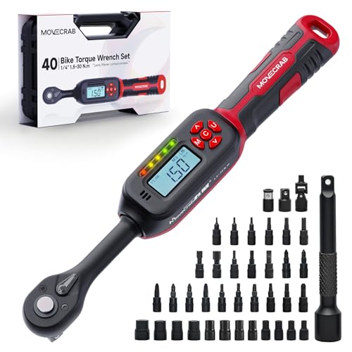 MOVECRAB 40-teiliger 1/4-Zoll-Antrieb-Elektronik-Drehmomentschlüsselsatz, 1-22 ft.lb (1,5-30 N.m), mit Summer und LED-Anzeige, Bits und Steckschlüsseleinsätze für Fahrrad, Motorrad, Radmutterwartung