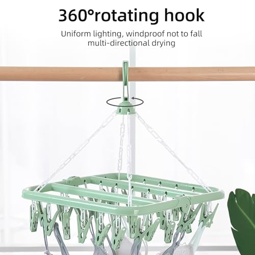 hautllaif Clothes Drying Hanger with 32 Clips, Foldable Design Multi-Functional Sock Dryer and Rotary Wind-sock hanger for washing line, Ideal Hanger for Socks, Underwear, Bras, Baby Clothes (Green) - Image 3