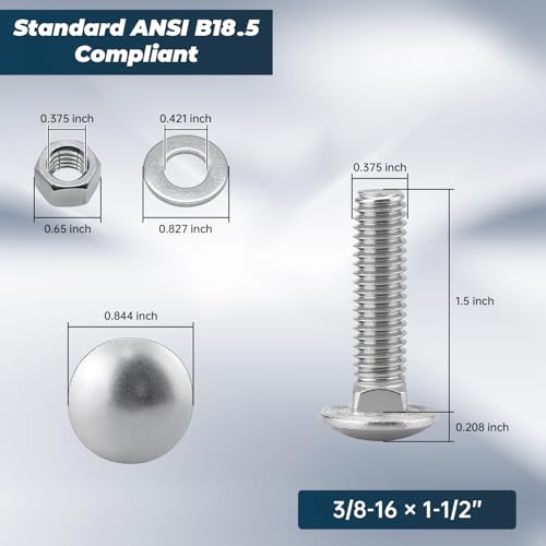 Image of 3 /8-16 x 1-1 /2 Inch Carriage Bolt Kit, 304 Stainless Steel (18-8) with Hex Nuts & Flat Washers - 8 Sets, Round Head Square Neck, Full Thread Coverage by Glvaner