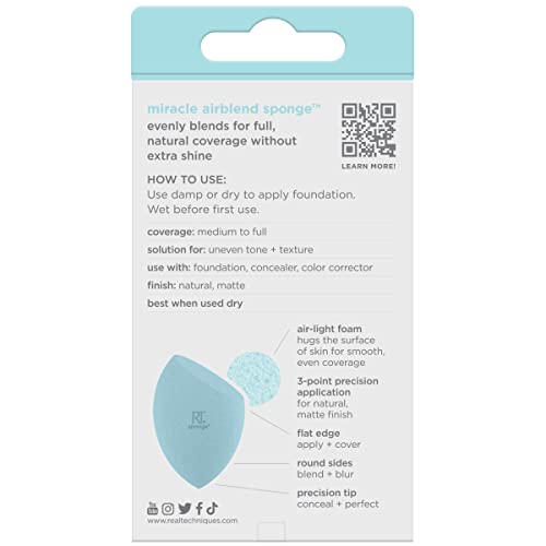 Real Techniques Miracle Airblend Sponge, Matte Makeup Blending Sponge, For Liquid, Cream, & Powder Products, Offers Medium To Full Coverage, Foundation Sponge, Latex-Free Foam, 1 Count #TOP1
