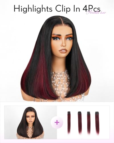 Image of Arabella Hair 5x6 Glueless Wigs Human Hair and Burgundy 1B /99J in Hair Extensions Pre Plucked Pre Cut 280% Density Glueless Wigs Human Hair Pre Plucked Bleached Knots Straight Wig 18inch