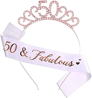 MIOSJI 50th Birthday Sash and Crystal Tiara Birthday Crown for 50th Birthday Decorations Women Birthday Gift Party Accessories ( Rose Gold )