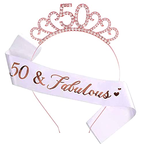 50th Birthday Sash and Crystal Tiara Birthday Crown for 50th Birthday Decorations Women Birthday Gift Party Accessories (Rose Gold)