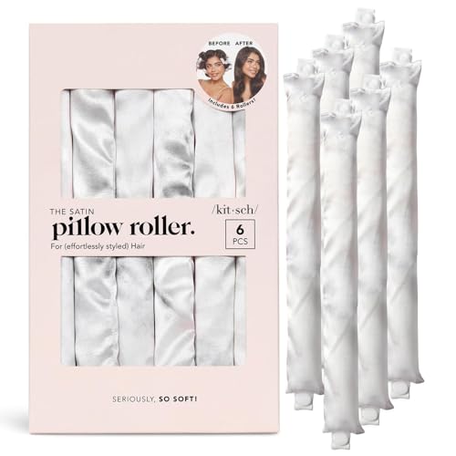 Kitsch Satin Pillow Rollers - Soft Rollers Softer than Silk for All Hair Types, Flexible Heatless Curling Rod, 6pc Marble