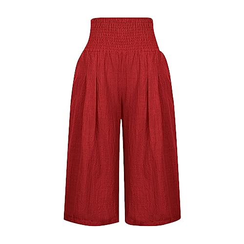 Women's Wide Leg Capri Pants Cotton Linen Smocked High Waist Capris Pants Lightweight Cropped Trousers with Pockets4