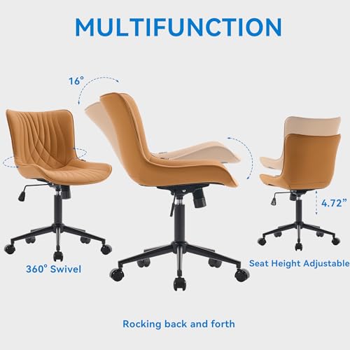 Image of YOUNIKE Office Chair, Armless Desk Chair with Wheels, Adjustable Swivel Home Office Computer Task Chairs, Modern Faux Leather Upholstered Vanity Chair with Back, Saffron Tan