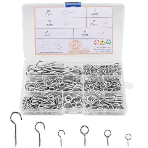 Juego de 230 Ganchos de Tornillo con 6 Tamaños: 120 Ganchos + 110 Anillas (17-55mm) en Acero al Carbono. Set Premium Anticorrosión para Jardín, Pared y Techo. Caja de Almacenamiento con Divisores