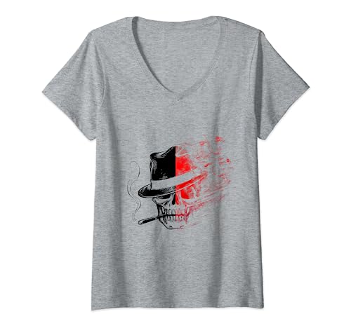 Mujer Calavera ahumada con elegante sombrero y cigarro Camiseta Cuello V
