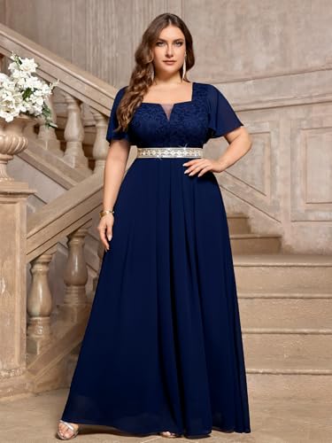 MISSMAY Women's Plus Size Floral Lace Ruffle Sleeves Beads Waist Chiffon Formal Party Maxi Dress3