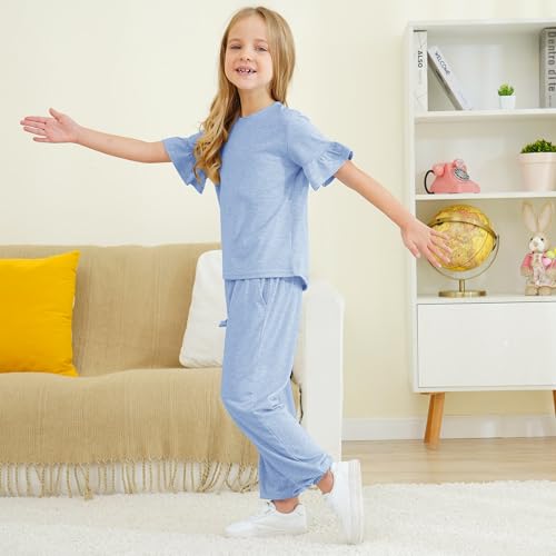Image of Kids Girls Outfits Ruffle Sleeve T-Shirt Pants Set 2Piece 4-13 Years
