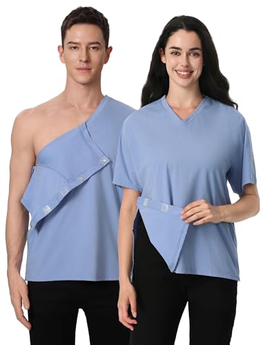 Image of Magnetic Buttons Post Shoulder Surgery Recovery Shirt for Men V-Neck Tear Away Adaptive Chemo Port Clothing for Women