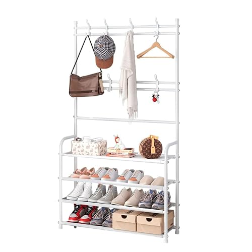 CLICLED Appendiabiti Da Terra Scarpiera Entrata Ingresso 4 Ripiani Attaccapanni Bianco Appendi Abiti Salva Spazio Arredamento Casa
