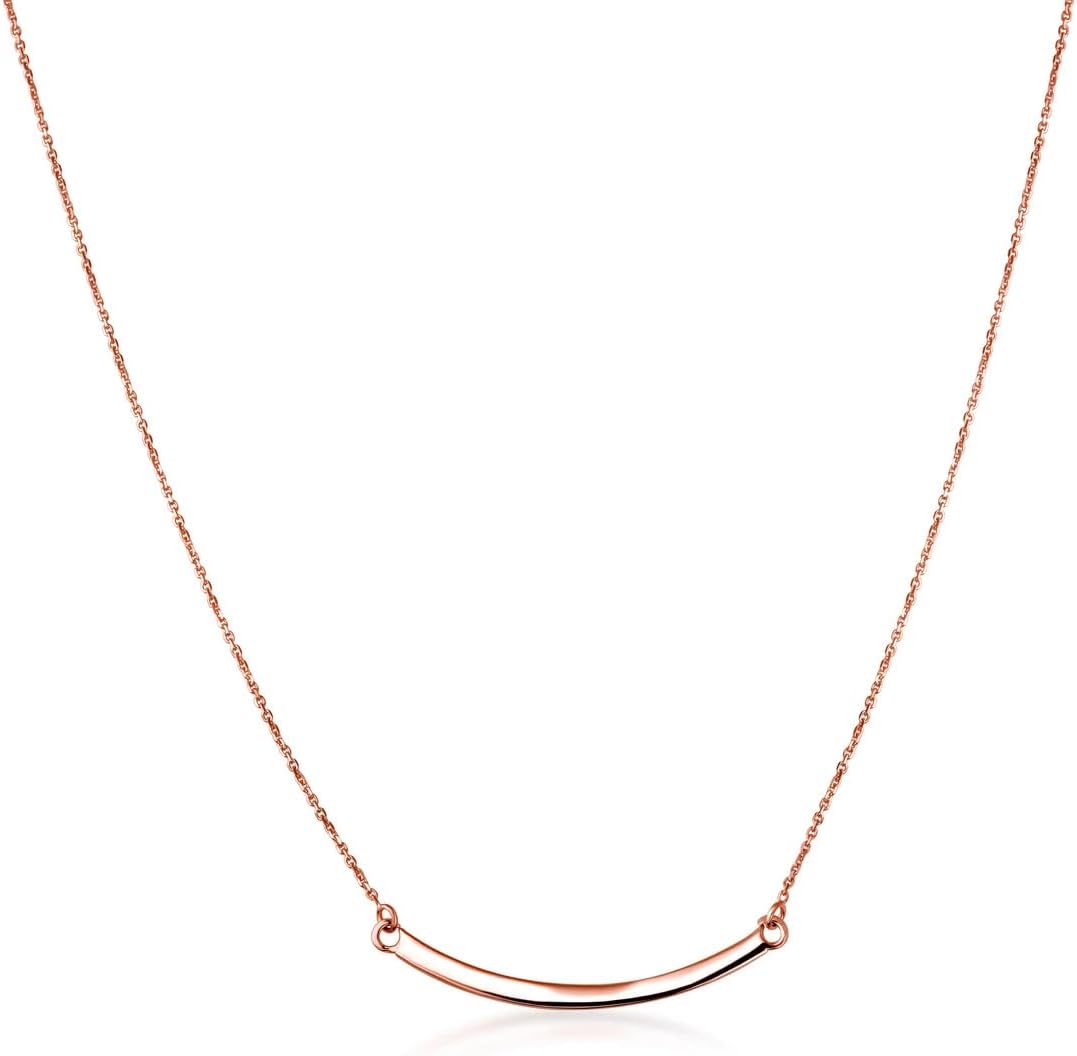 Gold Solid Curved Bar Necklace for Women Ladies | 14K Yellow, Rose, or White Gold | Choice of Chain 16"-22" Length