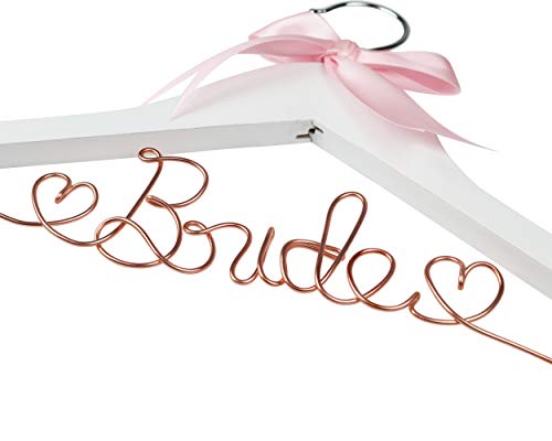 Bride to Be Wedding Dress Hanger, Hanger with Bride Wire for Wedding Gown in Anatto, White Wood, and Natural Wood, Perfect Gift for Bride on her wedding or Bridal Shower! (White Wood Rose Gold Wire)