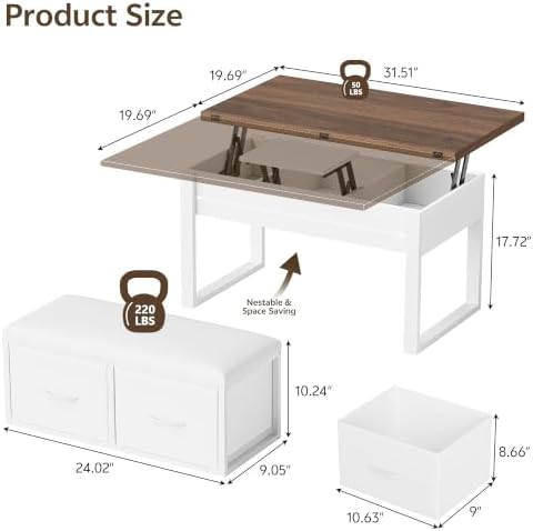 Homiflex Double Lift Top Coffee Table Set with Bench, White Brown, 31.5 in - 1