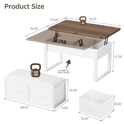 Homiflex Double Lift Top Coffee Table Set with Bench, White Brown, 31.5 in