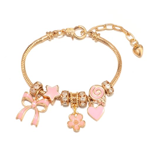 yuruyi Adjustable Gold & Silver Plated Heart Charm Bracelet for Women – Hypoallergenic, Tarnish-Resistant, Gift-Ready Fashion Jewelry for Girlfriends, Teens & Best Friends (Gold Pink Bowknot)