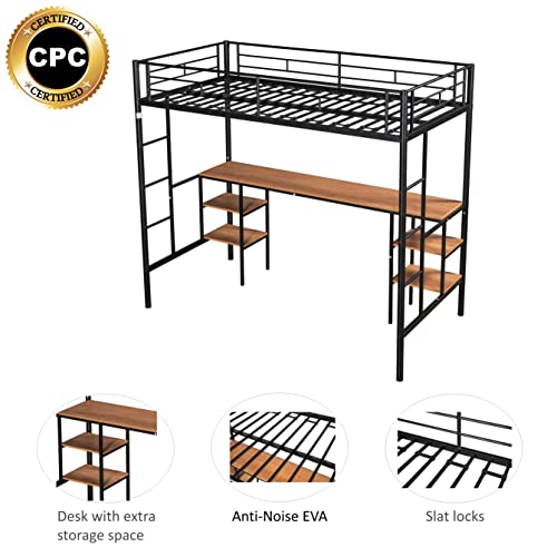 Metal Twin Loft Bed With Desk And Storage Shelves, Space-Saving Bed Frame With 2 Side Ladders And Safety Guard Rails For Kids Teens Adults, No Box Spring Needed #TOP2